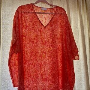 Adrienne Red V-Neck Sheer Printed Blouse